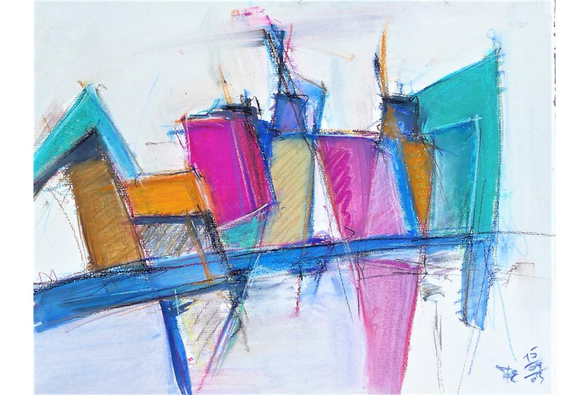 Horizontal baulich, Acryl auf Papier, 48 x 36 cm, September 2003, Albrecht K. Scherer 