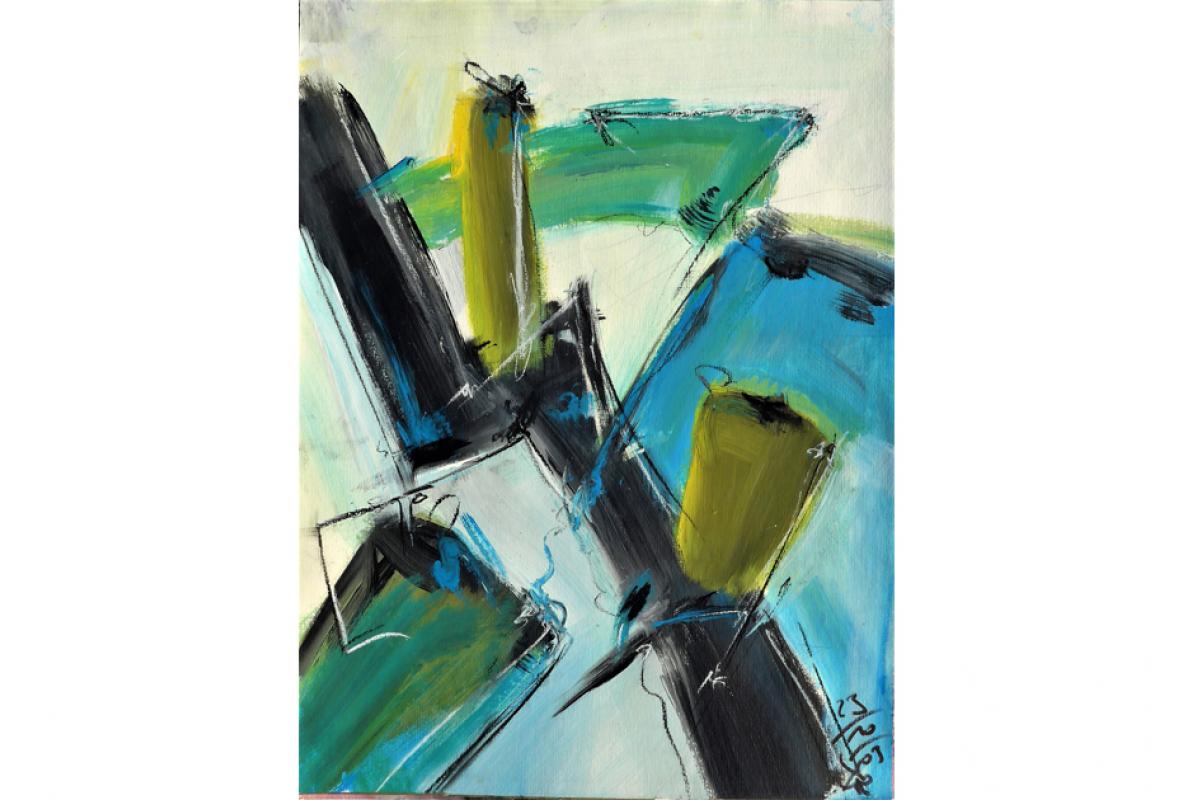 Schwarzzack-Blauflach, Acryl auf Papier, 34 x 48 cm, Oktober 2003, Albrecht K. Scherer 