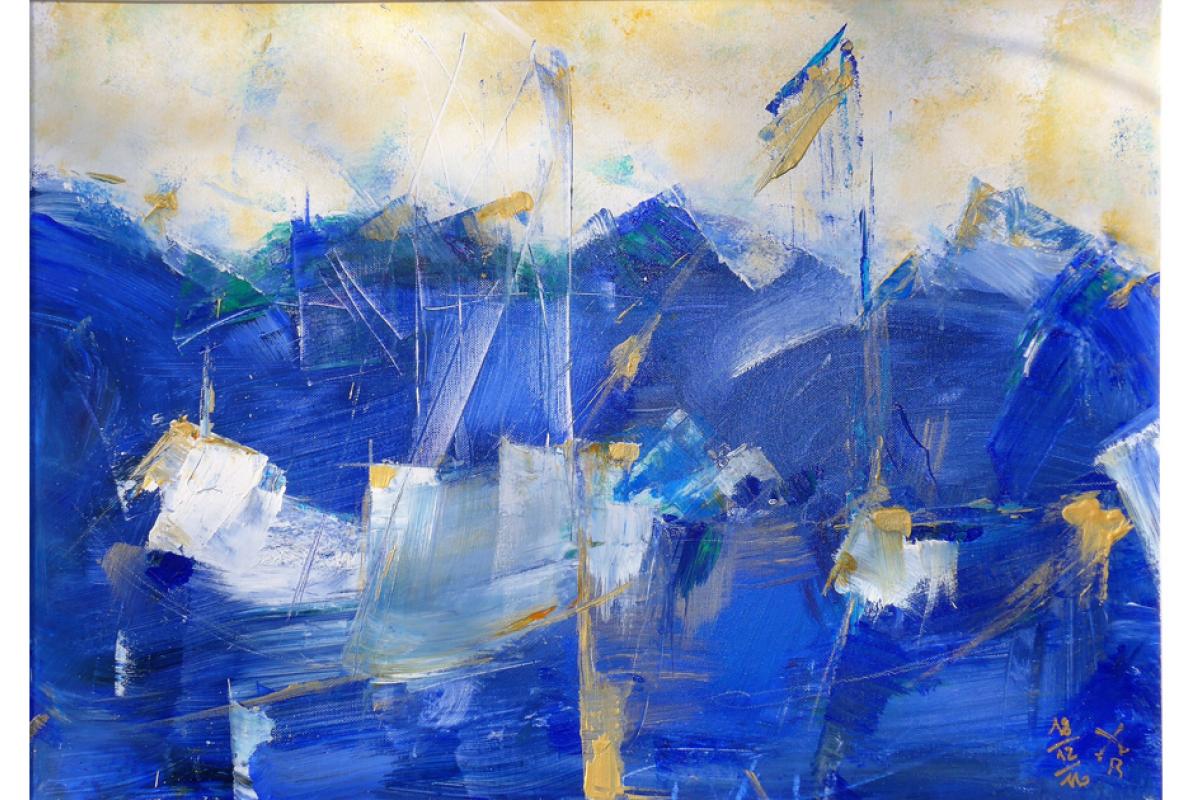 Blaues Geschäft, Acryl auf Leinwand, 60x 80 cm, Dezember 2016, Privatbesitz,Albrecht K. Scherer