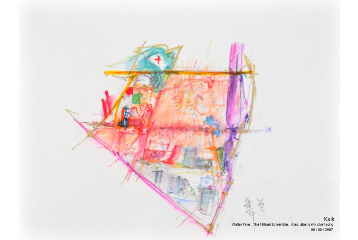 Musikalische Stadtgravur, Notenblatt Kalk, Pastell auf Papier, 29 x 21 cm, Juli 2007, Albrecht K. Scherer