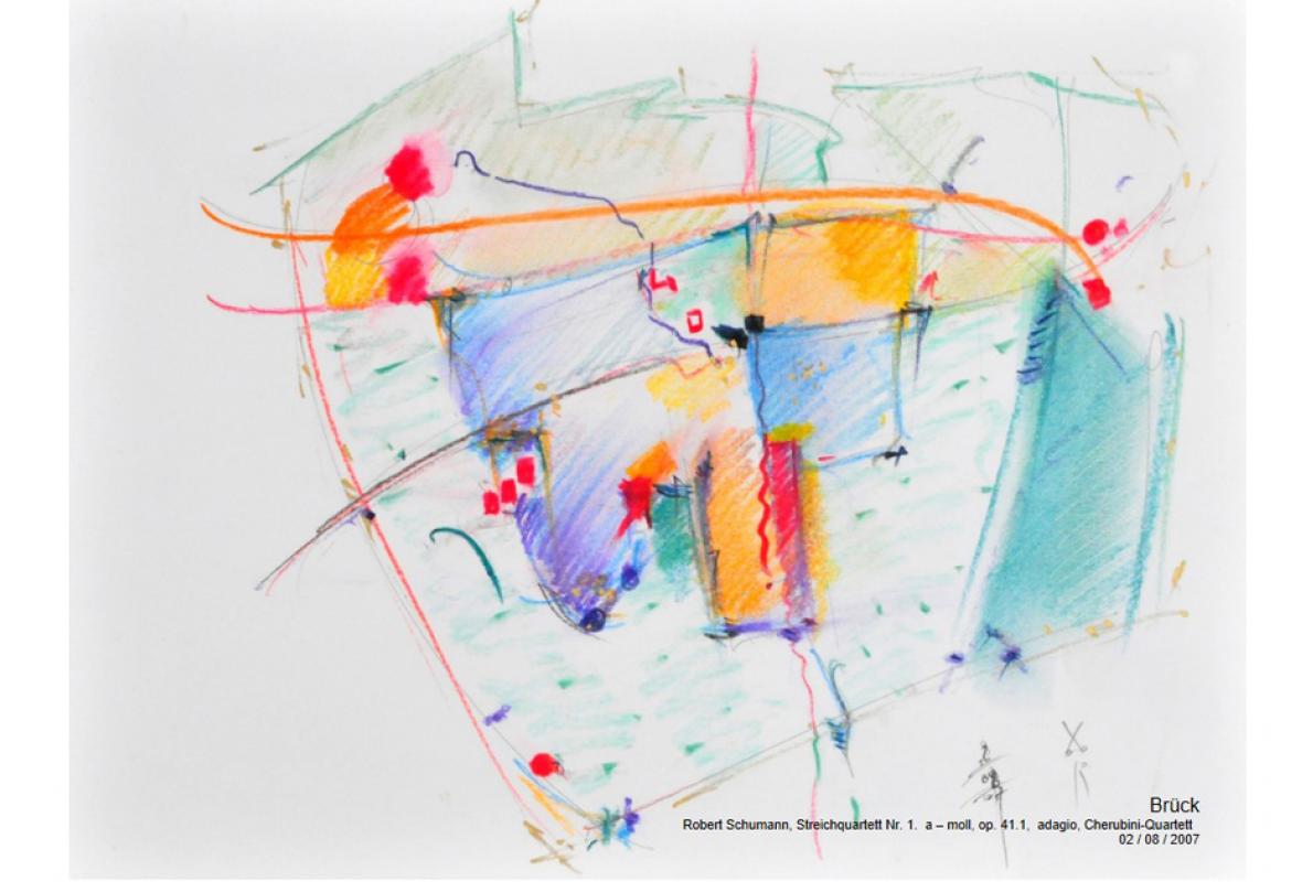 Musikalische Stadtgravur, Notenblatt Brück Pastell auf Papier, 29 x 21 cm, Juli 2007, Albrecht K. Scherer 