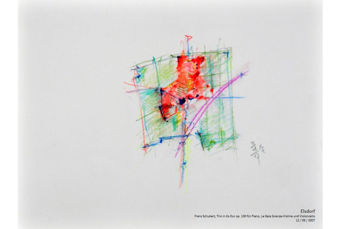 Musikalische Stadtgravur, Notenblatt Elsdorf, Pastell auf Papier, 29 x 21 cm, Juli 2007, Albrecht K. Scherer