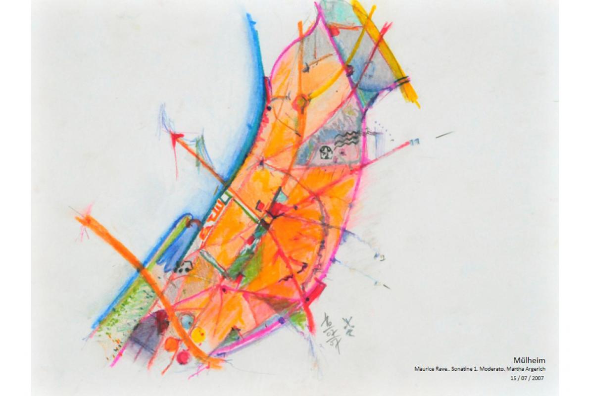 Musikalische Stadtgravur, Notenblatt Mülheim, Pastell auf Papier, 29 x 21 cm, Juli 2007, Albrecht K. Scherer  