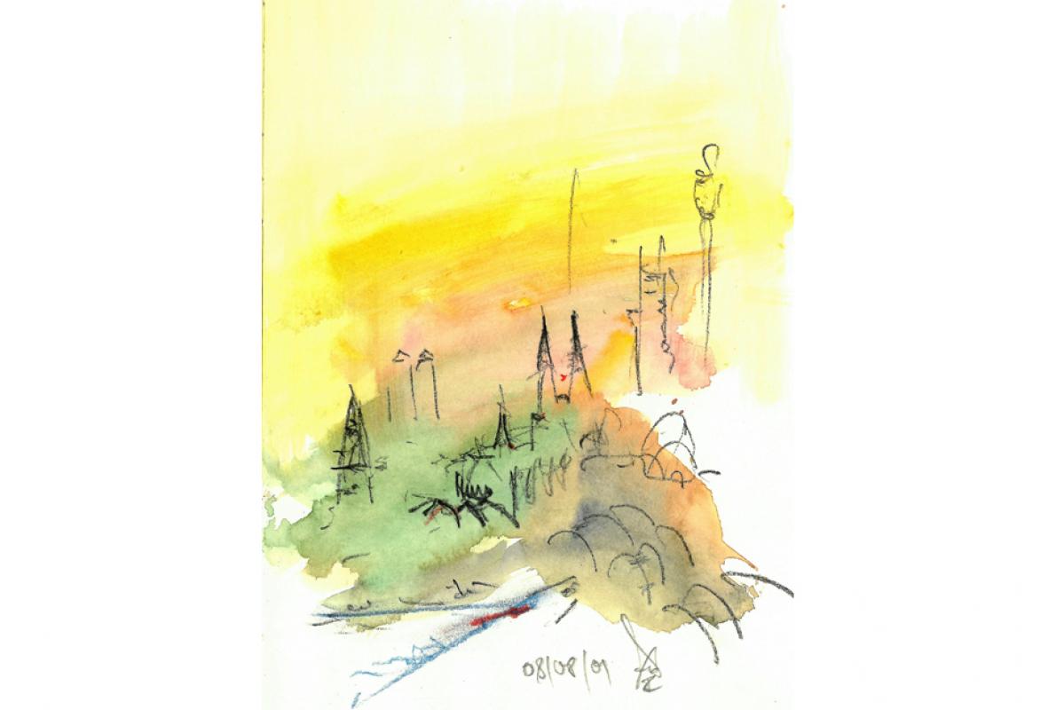 Kölner Hitze, Pastellzeichnung in Aquarell, 17 x 27 cm, August 2001 - Albrecht K. Scherer 
