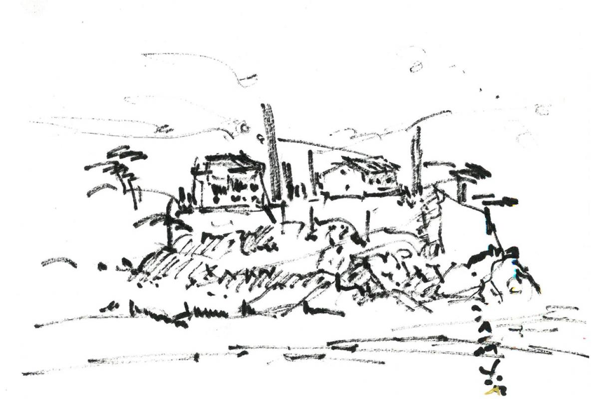 Landschaft bei Lorges - Var, Filzstift auf Papier,15 x 21 cm, Januar 2009, Albrecht K. Scherer